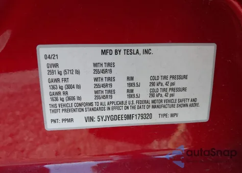 2021 Tesla Model Y Long Range Dual Motor All-Wheel Drive from USA, damaged, VIN 5YJYGDEE9MF179320